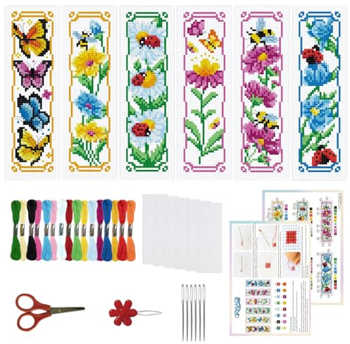 ORIGACH 6 Stück Insektenpflanze Kreuzstich Lesezeichen Set für Anfänger | 11CT Kreuzstich Set mit Anleitung Vorgedruckt, Vorgedruckt Sticken Lesezeichen-Set für Erwachsene Buch-Liebhaber