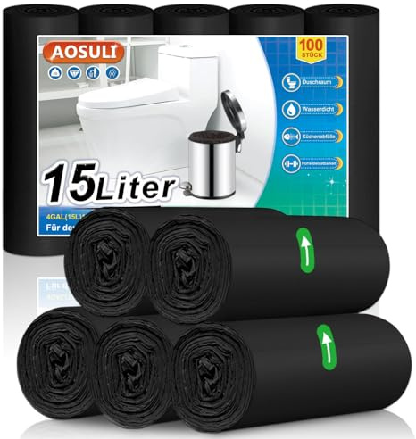 AOSULI 15L Schwarze Müllbeutel, 100 Stück, Reißfest | Starke Und Reißfeste Müllbeutel, Auslaufsicher, Geruchsneutral, Ideal Für Badezimmer Und Büro