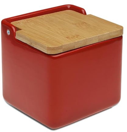 TIENDA EURASIA - Salero de Cocina de Cerámica | Tapa Abatible de Bambú | Salero | Medida 12 x 12 x 11 cm | Saleros Originales (Rojo)