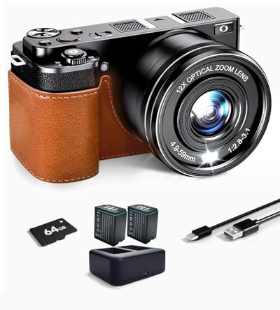 SWE Appareil Photo numérique 64 MP avec Zoom Optique 12 x et WiFi, Appareil Photo Compact 4K Anti-Shake, appareils Photo numériques avec Carte mémoire 64G, 2 Batteries et Chargeur
