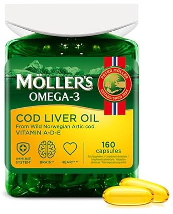Möller’s ® | Capsules d’huile de foie de morue | Acides gras oméga 3 DHA & EPA, vitamines A, D et E, système immunitaire, fonction cardiaque, fonction cérébrale et vision | 160 capsules