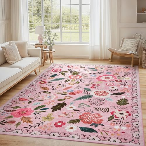 Puremy Waschbarer Wohnzimmerteppich, Vintage Blumenmuster Niedriger Flor Teppich, rutschfest, Weiche, Groß Teppiche für Wohnzimmer Schlafzimmer Bauernhaus Esszimmer und Kinderzimer, 160x220cm, Rosa