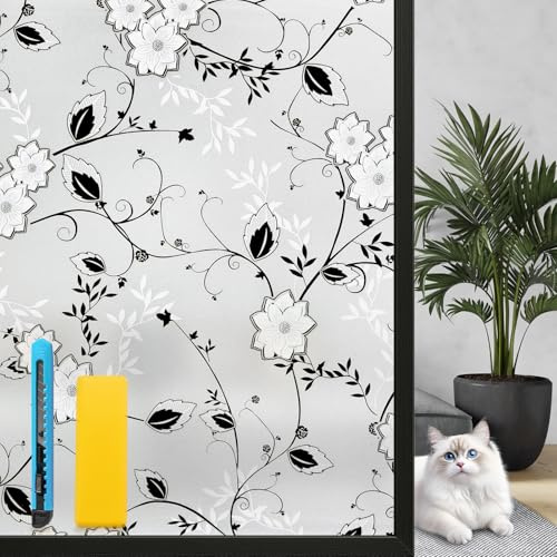 Zindoo Window Film Privacy Flowers Patterned, No Glue Privacy Film for Glass Windows with Tools, Frosted Decorative Anti-UV Stained Glass Static Cling Stickers for Bathroom Kitchen Office, 44.5x200cm