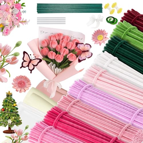 Pfeifenreiniger Blumen Set,900 Stück Pfeifenputzer zum Basteln Rosa Tulip Blumen,9 Farben Pipe Cleaner mit 50 Stück Grünem Bastelfaden,basteln & diy,zum Geburtstag Weihnachtsdeko