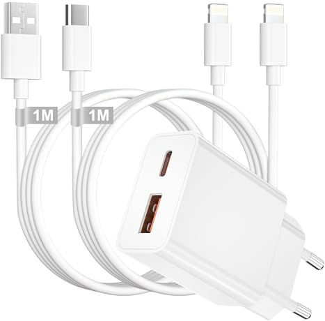 Chargeur iPhone, 20W Chargeur Rapide i-Phone PD&QC Prise USB Chargeur USB C Rapide Embout Charger i-Phone avec 1M Cable i-Phone et Cable USB C vers Lightning pour iPhone 14 Pro Max 13 Plus 12 11 SE XR