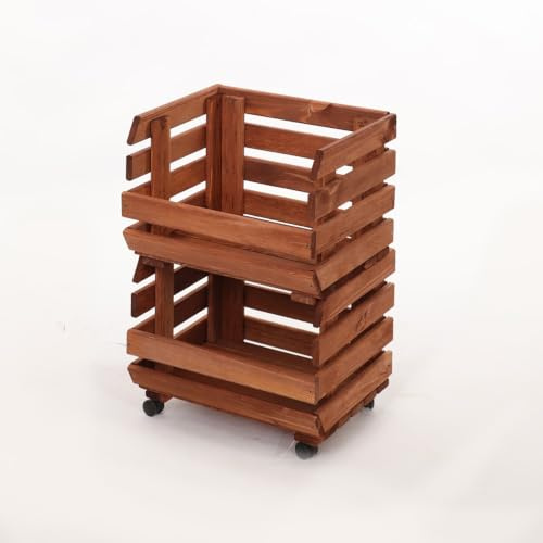 PROREGAL Gemüseregal VeggieRoll mit Rollen | HxBxT 55x37x30 cm | 2 Holzkisten | Holz | Braun | Aufbewahrungskiste Stapelkisten Kartoffelkiste