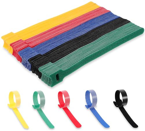 100 Stück Nylon Klett Kabelbinder, 195 x 13mm, Klett Kabelbinder Wiederverschließbar, Verstellbare kabelklettbänder, für Hause und Büro Kabel organizer, Mehrere Farben