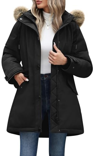 CMTOP Giacca Invernale Donna Media Lunga Cappotto Impermeabile Calda Comodi Antivento Parka Giubbotto Elegante Moda con Cappuccio Staccabile in Pelliccia Jacket Slim Fit con Zip Tasche(Nero, XL)