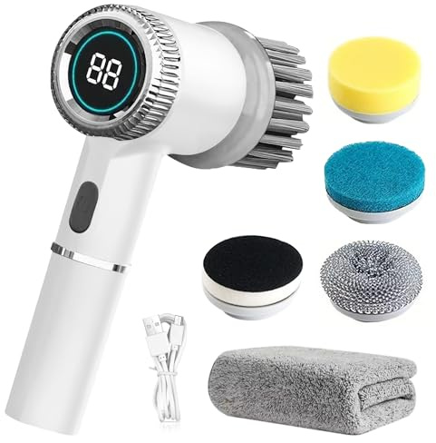 BORDEAG Elektrisk Rengöringsborste – Spin Scrubber med 5 Borsthuvuden, Spinnkraftsskrubb, LED-Display, Handhållen för Badrum, Kök, Handfat