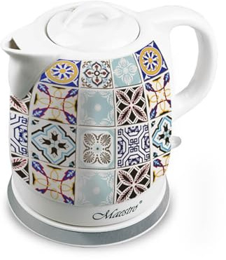 Maestro MR-066-Porto hervidor de agua cerámica 1,5 L 1200 W diseño elegante inalámbrico HOLIDAY IN PORTO Azulejos Base giratoria 360° indicador de nivel de agua