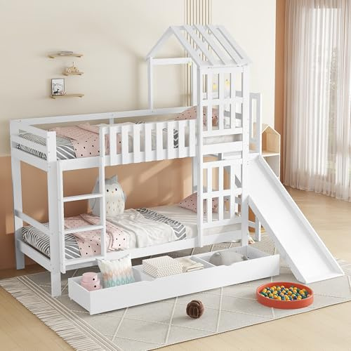 Oslghy Letto per Bambini 90x200, Letto a Castello Singolo con Scivolo e Ampio Cassetto, Letto a Soppalco con Scaletta E Finestra, Letto In Legno Per Bambini con Rete a Doghe, Bianco, Senza Materasso