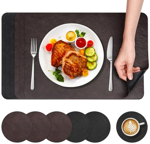 WGIDSKKI 6er Set Tischsets Leder und Untersetzer, Platzsets Abwaschbar Doppelseitigen, Hitzebeständig Platzdeckchen Lederoptik Platzset, Tischuntersetzer Tischsets rutschfest (Quadrat)