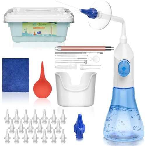 Kit de eliminación de cera de oído autooperado con cuchara LED, sistema de irrigación de oídos, limpiador profesional de oídos con caja de almacenamiento, puntas de pulverización suave y lavabo