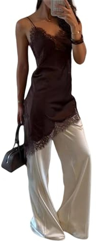 Damen Y2K Spitzenbesatz Tank Crop Tops zum Ausgehen Spaghettiträger Seiden Unregelmäßiger Saum Camisole Party Strandkleidung, C-coffee, M