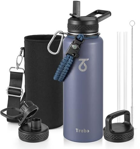 Trebo Borraccia Termica, Borraccia con Cannuccia Borraccia acciaio inox fredda per 48 ore Borraccia Termica Bottiglia in Metallo con Manico in Paracord, 1183 ml, Viola Grigiastro