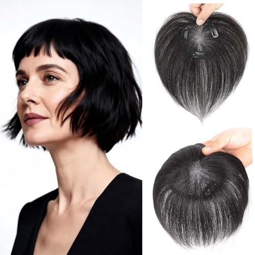 Echthaar-Topper für Damen, Echthaar-Topper mit dünner werdendem Haar, Clip-in-Aufsatz, Haarteile mit Pony, 8,9 x 8,9 cm, handgefertigt, Schweizer Basis-Perücke, 15,2 cm, natürliche Farbe