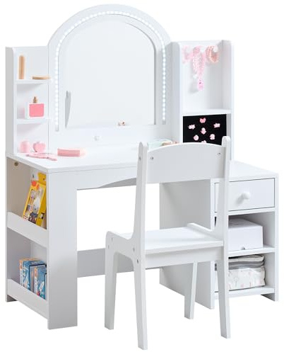 GABHX Kids Vanity Set with Lights, 2 in 1 Princess Makeup Vanity Desk with Jewelry Storage, Open Bookshelf, Storage Cabinet & Shelves for Little Girls (White)