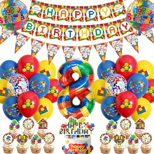 Bausteine Theme 8. Geburtstag Deko Luftballons - Happy Birthday Banner Wimpel XXL Zahl 8 Folienballon, Baustein Cupcake Deko konfetti und Latexballons für Kinder Junge Mädchen Kindergeburtstag