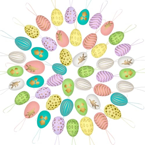 Ostereier zum Aufhängen, Ranedo 48 Stück Oster Deko Eier, 12 Designs × 4 Stück je Design, Wiederverwendbare Ostereier mit Bändern für Osterstrauch, Frühlings- & Kinderdekoration