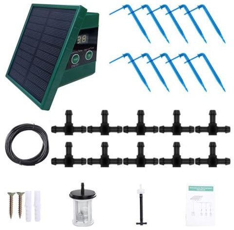 Wodsty Solar Powered Automatic Drip Irrigation System For Garden, & Eenhouse With 30-Day Battery, 10M Pipe & 10 Drippers, Een