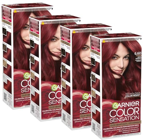 Garnier Color Sensation Pack 4 6.60 Rojo Intenso Tinte Permanente | Color Intenso y Brillo Espejo, Cobertura 100% Canas, Aceites Florales, Color Sensation