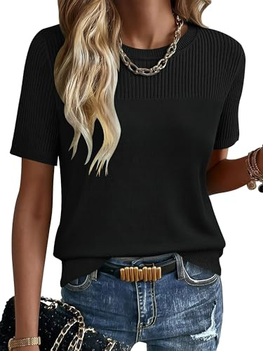 KISSMODA Womens Summer Tops Casual Crewneck Short Sleeve Jumpers Solid Hollow Out Knitted Loose Sweater Blouses Basic Trendy Knitwear B Black