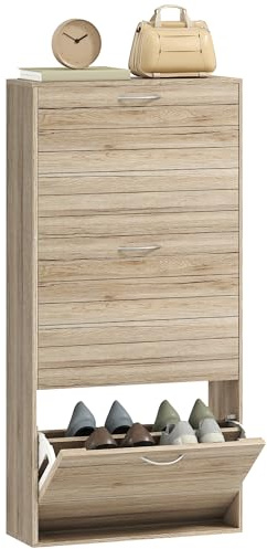 HOMCOM Zapatero Estrecho con 3 Puertas Abatibles, Zapatero Entrada Recibidor, Estantes Ajustables, para 12 Pares de Zapatos, para Pasillo, Espacios Reducidos, Roble