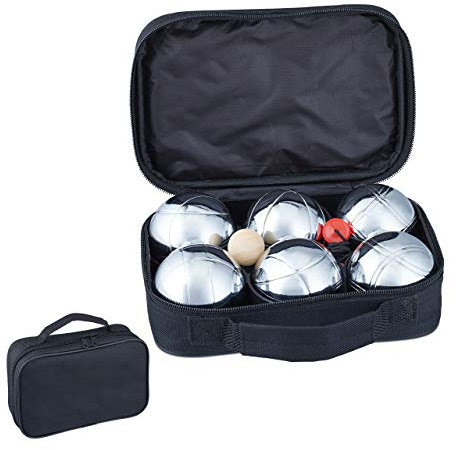 Relaxdays 2 x Boule Set, 12 Boccia Kugeln aus Metall, 2 x Zielkugel & Abstandsmesser, Petanque mit Tragetasche, Silber/schwarz