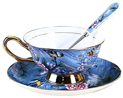 Eplze Bone China Cup& Saucer Set, 6.8oz- Birds& Trees (Blue Purple)