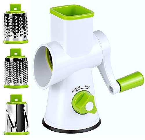 Rotary Cheese Grater - Round Vegetable Mandoline Slicer with 3 Drum Stainless Steel Blades, Dishwasher Safe, Super Vacuum Suction Base (DLG-RG001)