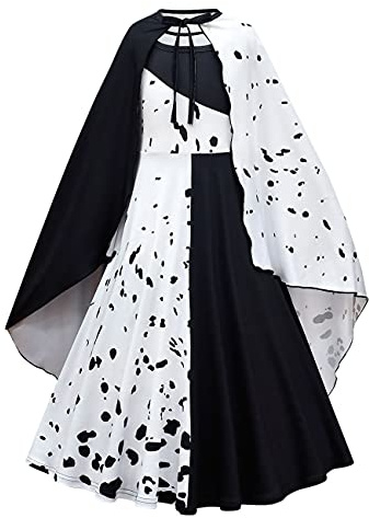 Lito Angels Mode-Bösewicht Deville Kostüm mit Umhang und Perücke für Kinder Mädchen, Schwarzer und Weißer Dalmatiner Fleck Kleid Halloween Party Verkleidung