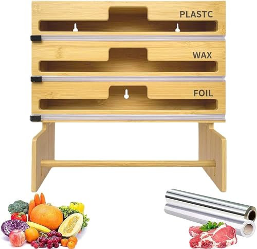 ITETONE Upgrade Cling Film Dispenser and Cutter Compatible with 12 Inch Rolls,Bamboo Parchment Paper Tin Foil Dispenser with Paper Towel Holder, Kitchen Wrap Organiser for Cabinet Drawer Wall