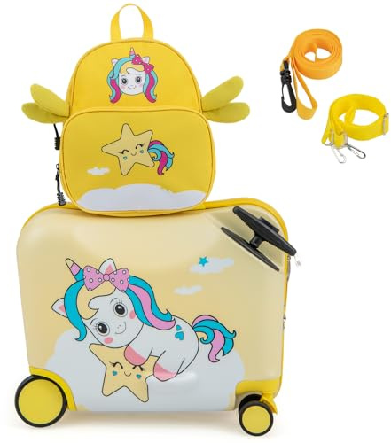 GOPLUS Kinderkoffer mit Rucksack, Kids Trolley, Kindergepäck mit Rollen, Reisekoffer mit Teleskopgriff, Hartschalenkoffer für Kinder, Kindertrolley Farbwahl (Gelb-Einhorn, 12+18)