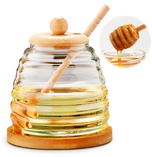 Honigglas mit Löffel und Deckel, 500ml Glas Honigtopf Honigbehälter mit Honig Löffel, Kristall Honigspender, Honigdose, versiegelter Glasbehälter zum Aufbewahren Honig und Sirup