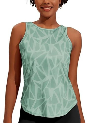 Weardear Damen Sport Tank Top Ärmelloses Fitness Crop Top Yoga Gym Workout Atmungsaktive Muscle Tanktop Geo-Druck Hellgrün M