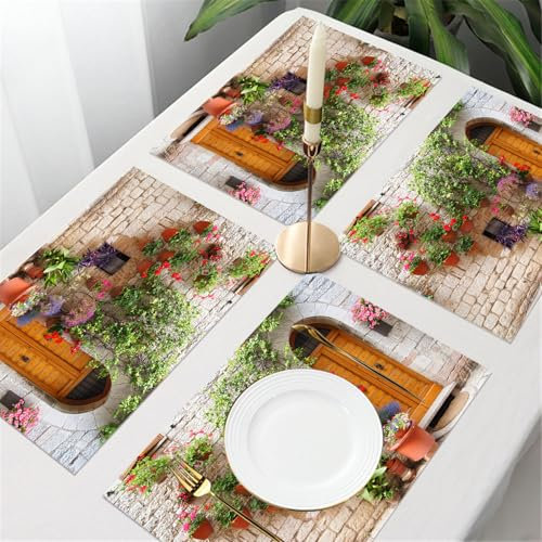 UREJD Tischsets Abwaschbar 4 Set,Vinyl Platzsets Abwaschbar für küche Speisetisch Hotel,Kaffeehaus,Festsaal,Platz-Matten,Toskanische Begonie blüht im Kastenfenster Fensterläden aus Holz Ziege,30x45cm