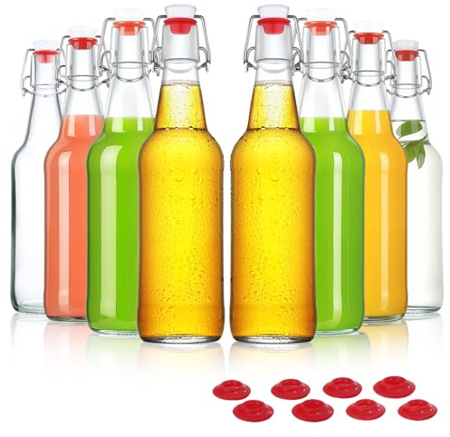 Swing Top Glass Bottles 16oz Flip Top Beer Brewing Bottle with Stopper for Home Brewing 2nd Fermentation,Kombucha,Kefir,Vanilla Extract,Juice,Tea,Beverages,Soda,Oil,Vinegar,Limoncello,Wine 8 Pack