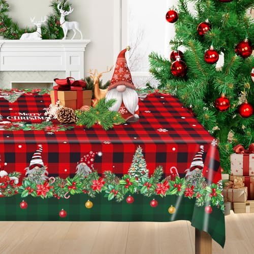 Christmas Table Cloth Rectangular Tablecloth - 140×160CM Merry Xmas Polyester Oblong Party Dining Table Cover Washable Red and Green Tartan Plaid Holly Tree Gnome Truck Snowflake Fabric Decor(1 Pcs)