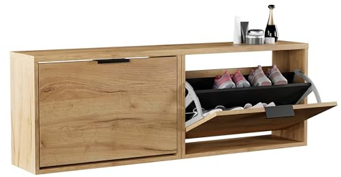 Planetmöbel 2 x Schuhschrank schmal mit 1 Klappe platzsparender | Schuhregal, mit 2 Ablagen, Schuhkommode für Diele, Flur, Garderobe 60 x 23 x 42,5 cm, gold eiche