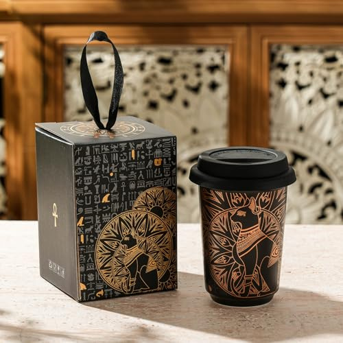 Hosoncovy 300ML Reusable Ceramic Coffee Cup with Silicone Lid,Cat Pattern Small Travel Coffee Mug Tea Cup (Gold)