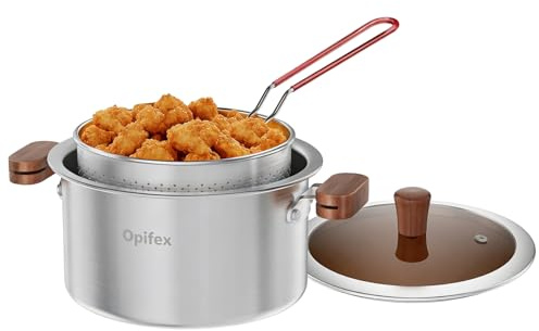 Opifex Stainless Steel Deep Fryer Pot with Basket,3.0L Stockpot for Home Use Frying, Pasta, Soup & Stews, 304 Stainless Steel, Glass Lid, Strainer Basket for All Stovetops