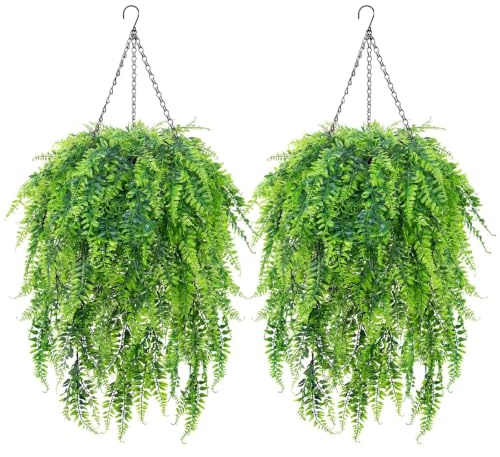 2Pcs Artificial Hanging Baskets Outdoor Artificial Hanging Fern Plants | UV Resistant Faux Fake Ferns DIY Chain Hanging Basket Plastic Plants for Garden Front Door Porch Balcony Home Decor
