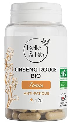 TONUS & VITALITÉ - Ginseng Rouge Bio certifié Ecocert - Anti-fatigue - Pilulier 120 gélules - Cure 1 mois - Complément Alimentaire BELLE&BIO - Fabriqué en France