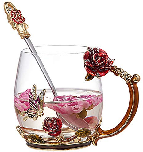 Gobelets Tasses A Cafe,Tasse En Verre, Émail Rose Tasse De Thé, Coupe Du Verre Des Ménages, De Grande Capacité Jus De Thé Au Lait Tasse À Café, Timbale Hôtel (Color : Red, Size : 320ml)
