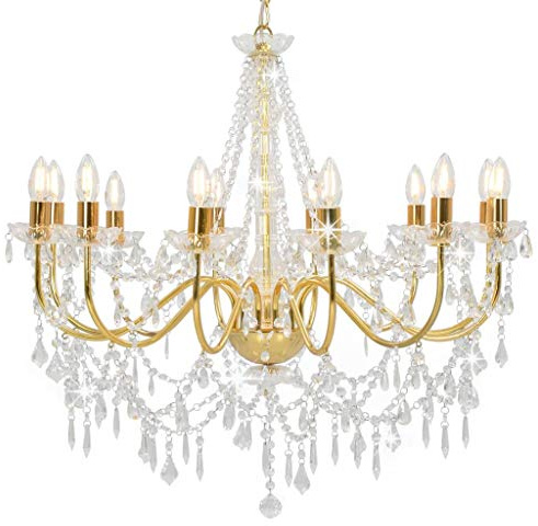 vidaXL Kronleuchter mit Perlen Deckenleuchte Deckenlampe Kristall Lüster Hängeleuchte Hängelampe Pendelleuchte Pendellampe Golden 12xE14-Fassungen