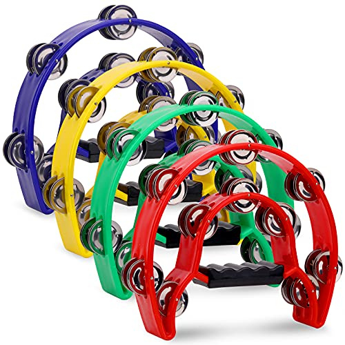 CEE 4 Pack 10 Double Row Tambourine, Half Moon Musical Tambourine 20 Metal Jingles Hand Held Percussion Drum, Panderos Para Adultos, Plastic Tambourines for Adults, Church, KTV, Party, Multicolored