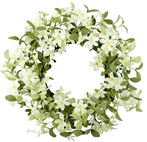 WreathDream 18'' Spring Wreath Summer Wreath for Front Door with Green Eucalyptus Leaves and White Cherry Blossoms for Home Outdoor Farmhouse Porch Wall Decoration, White Gift Box Included