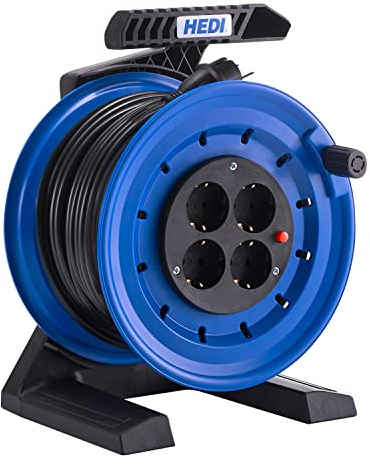 HEDI Vollkunststoff-Kabeltrommel Generation 7 Coworker (Kabeltrommel-ø 250 mm, 25 m PVC-Leitung H05VV-F 3G1,5 in schwarz, 4-fach Schutzkontakt-Steckdose 250 V mit Thermoschutzschalter) K7B25PT