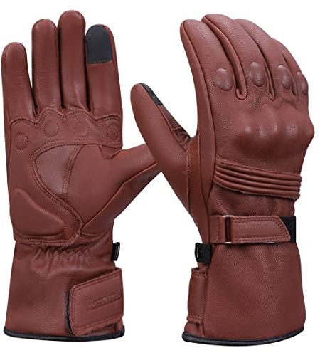Harssidanzar Guanti del motociclo per l'inverno,Uomo Genuine Pelle Full Finger TouchScreen Termico Foderato Con Thinsulate Moto Impermeabili Guanti di Equitazione Moto KM048EU,Sella,taglia L