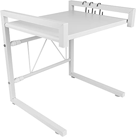 THINFAR Ausziehbare Halterung für Mikrowelle mit schwerer Belastung, Halterung für Mikrowelle mit 2 Ebenen, Küchenregalhalterung mit 3 Haken, ausziehbare Länge: 40 – 65 cm (weiß)